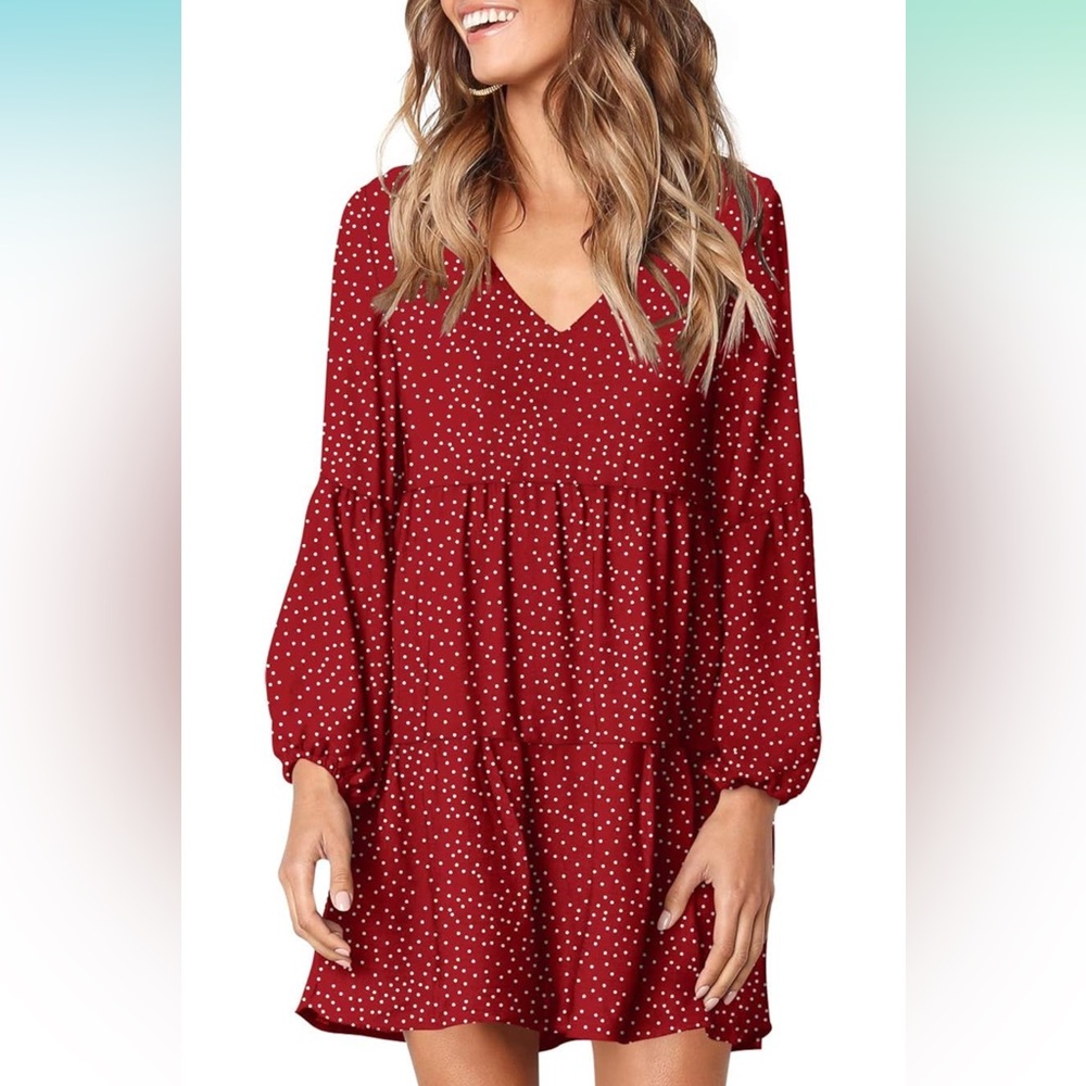 Red Polka Dot Babydoll Mini Dress Long Sleeve Flowy Boho Chic Size S